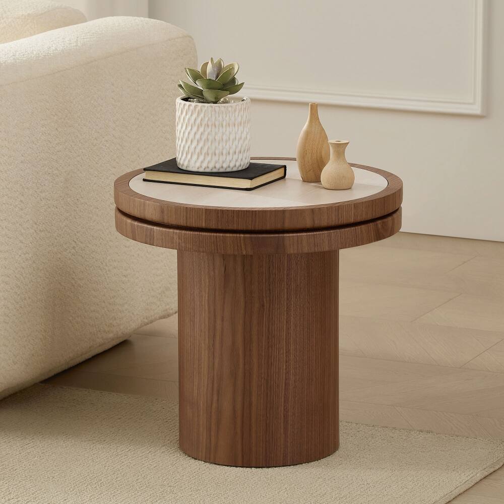 Angle. Loheer - Loheer 19.49 Inch Round Side Table Walnut Coffee Table Sintered Stone Tabletop MDF Pedestal Base for Living Room Bedroom - Walnut.