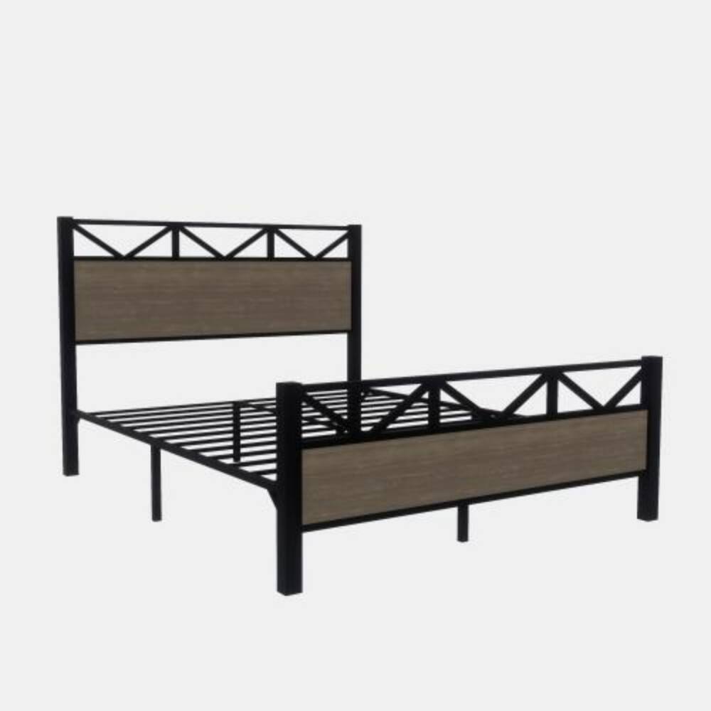 Alt View 2. LUCKY ONE - Full Size Bed Frame with Industrial Style Headboard and Footboard, Metal Slats, No Box Spring Needed, Easy Assembly - Black+Brown.