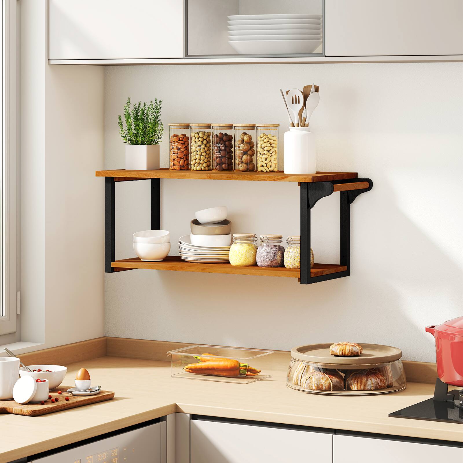Alt View 3. Gymax - Gymax 40.5'' Long 2-Tier Storage Rack w/ Towel Bar Wall Mounted Floating Shelves - Brown.