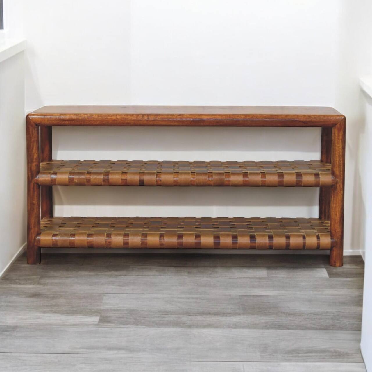 Angle. Artisan Furniture - Artisan Furniture Solid Wood Regency Woven Chestnut 2 slot Shoe Rack, Dark Brown - Dark Brown.