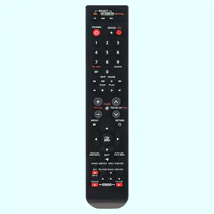 SELECT VIEW INPUT SEL TV DVD VCR POWER TV OPEN-CLOSE POWER 1 2 3 4 5 6 7 8 9 TV 100+ AUDIO SET 0 SKIP PAUSE HH LADH " STOP PLAY P + TV MUTE TV VOL d TRK/CBC CHITV CH | MENU RETURN IE ENTER TITLE LIST DISC MENU EXIT PLAY LIST TITLE MENU ANYKEY SUBTITLE ANGLE EZRECMOOE RFC REC SPEED CANCEL TIMER REC - INFO * * TO DVD TO VCR CUODING
Corrected text:
SELECT VIEW INPUT SEL TV DVD VCR POWER TV OPEN-CLOSE POWER 1 2 3 4 5 6 7 8 9 TV 100+ AUDIO SET 0 SKIP PAUSE HH LADH " STOP PLAY P + TV MUTE TV VOL d TRK/CBC CHITV CH | MENU RETURN IE ENTER TITLE LIST DISC MENU EXIT PLAY LIST TITLE MENU ANYKEY SUBTITLE ANGLE EZRECMOOE RFC REC SPEED CANCEL TIMER REC - INFO * * TO DVD TO VCR CODING