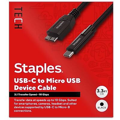 **TECH Staples**
**USB-C to Micro USB Device Cable**
- **3.1 Transfer Speed - 10 Gbps**
- Transfer data at speeds up to 10 Gbps.
- Suited for smartphones, cameras, headset, and other devices supported by USB-C to Micro-B connections.
- **3.3 FT (1 M)**
- **BLACK**