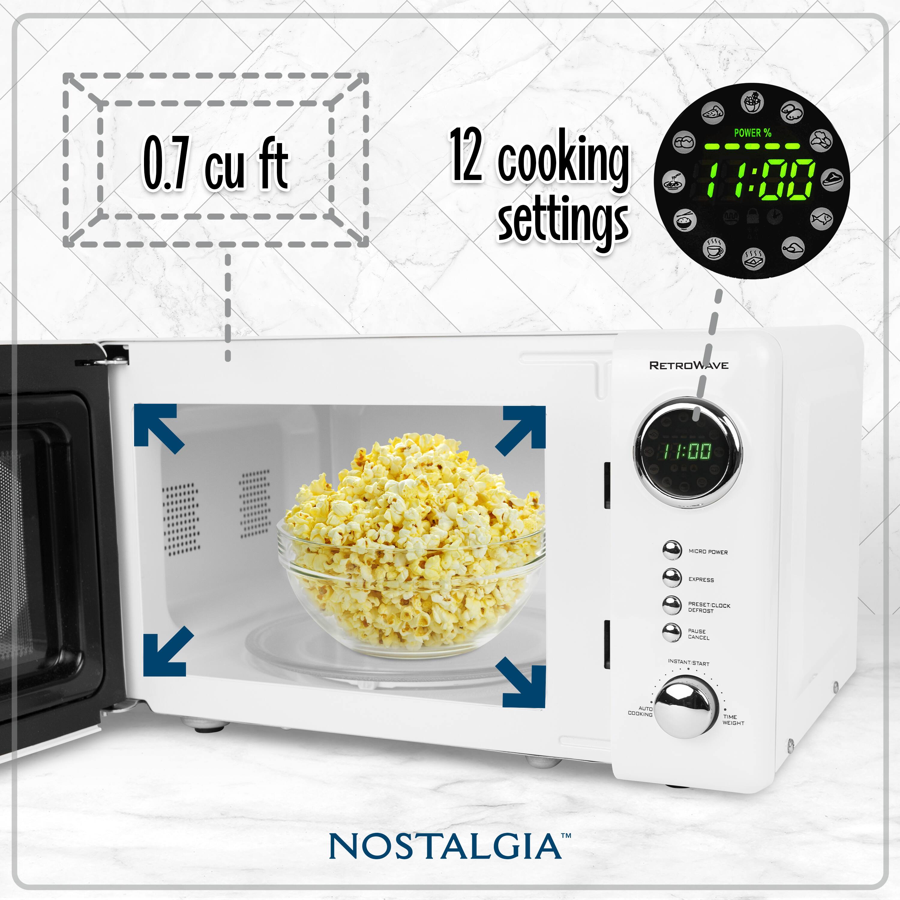 0.7 cu ft  
12 cooking settings  
POWER %  
11:00  
RETROWAVE  
NOSTALGIA™