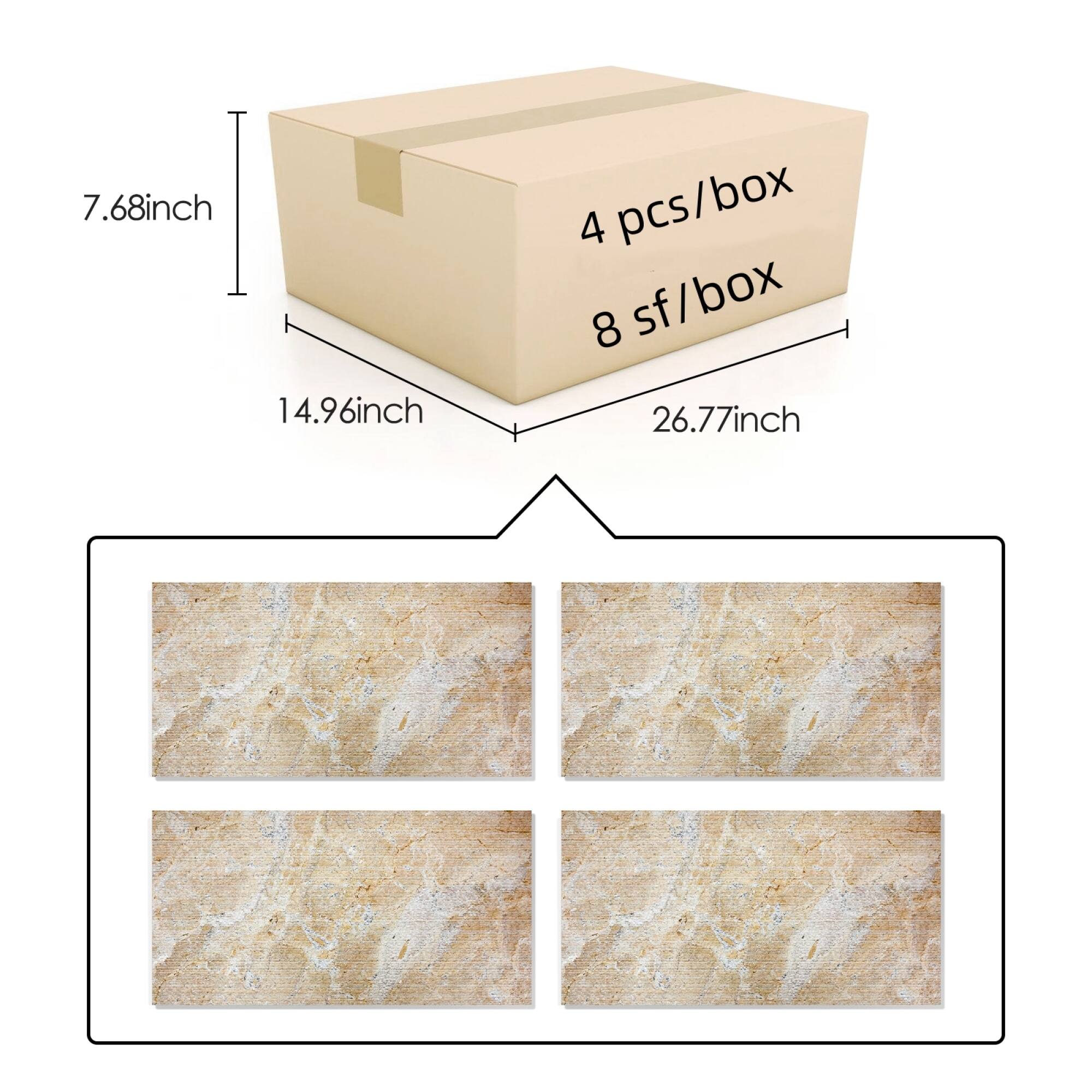 7.68 inch  
14.96 inch  
26.77 inch  

4 pcs/box  
8 sf/box