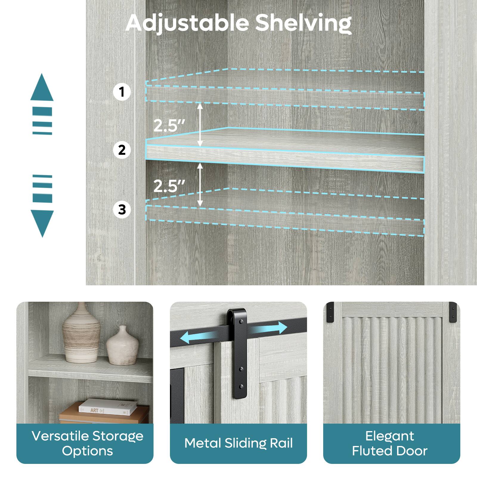 Adjustable Shelving

1. 2.5"
2. 2.5"
3.

Versatile Storage Options

Metal Sliding Rail

Elegant Fluted Door