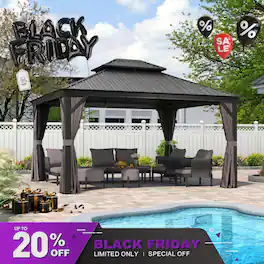 PURPLE LEAF - 12 X 14 FT Permanent Hardtop Aluminum Gazebo with Double Roof for Patio Lawn and Garden, Curtains and Netting Included - 12' X 14'