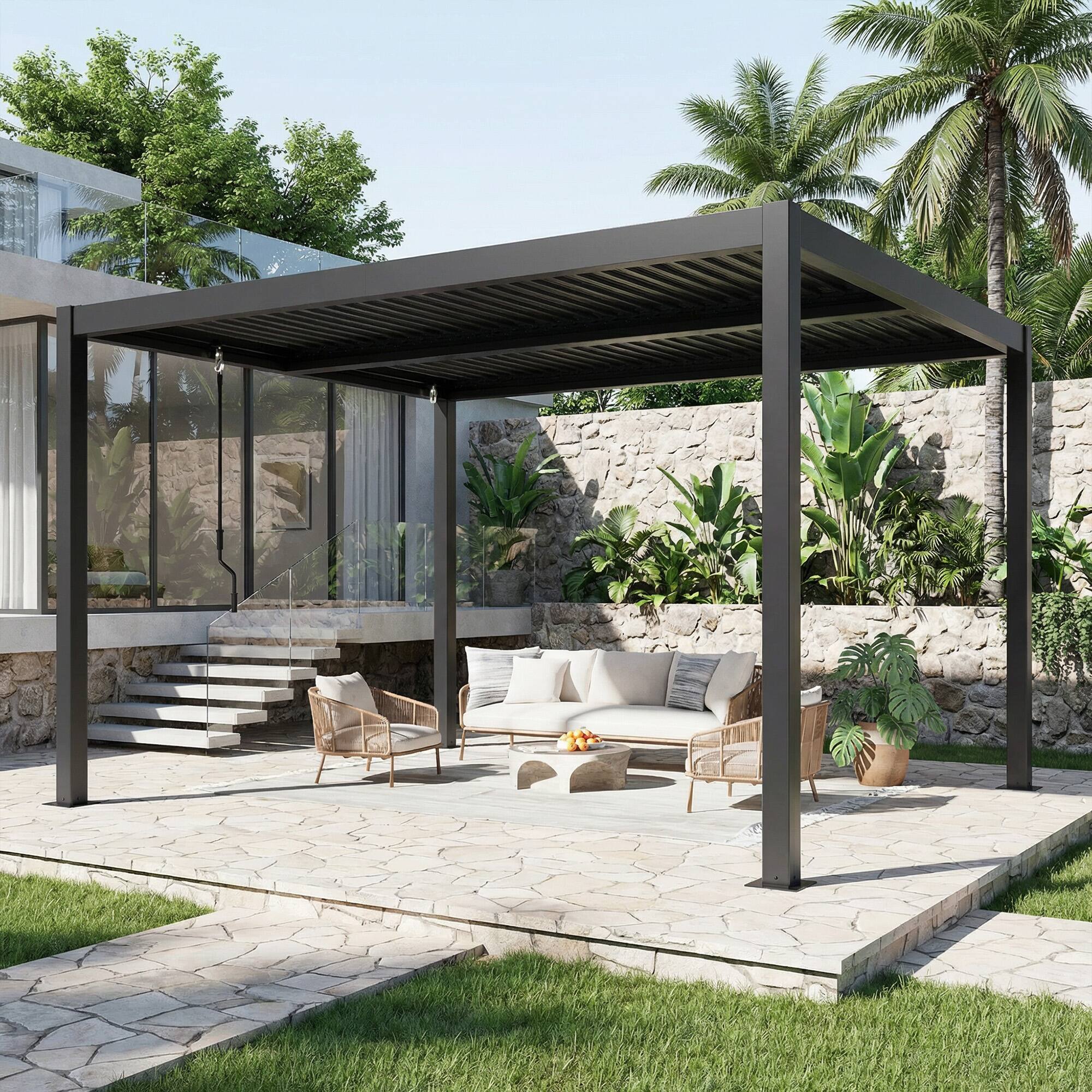 Alt View 5. U-HOMY - 10' x 12' Louvered Pergola with Adjustable Roof & Drainage, Metal Outdoor Patio Gazebo.