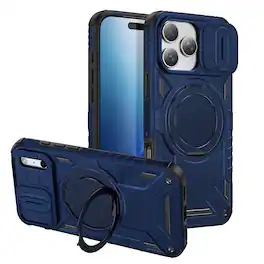 Dteck - For Apple iPhone 18 Pro Rugged Case with Camera Sliding Lens Cover, Heavy Duty Shockproof Magnetic Ring Stand Cover - Darkblue