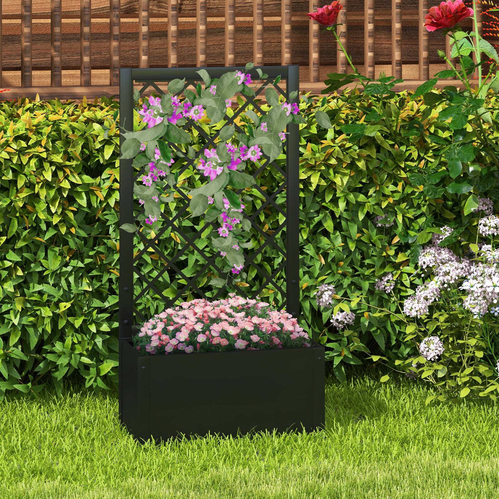 Alt View 4. Costway - Costway 2PCS 44" Metal Planter Box with Trellis Raised Garden Bed with Trellis, Elevated Lattice Planter - Black.