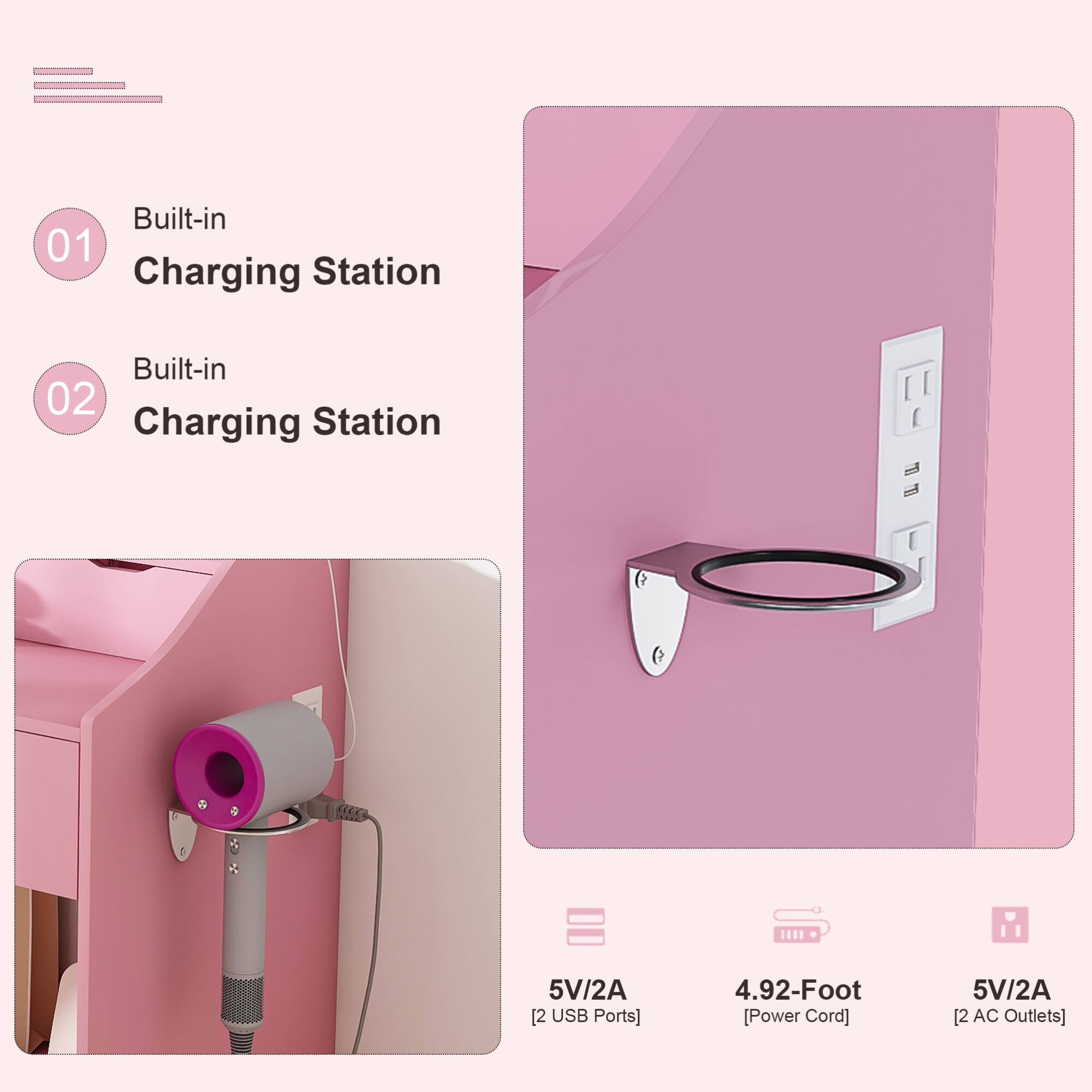 Built-in Charging Station  
Built-in Charging Station  

5V/2A [2 USB Ports]  
4.92-Foot [Power Cord]  
5V/2A [2 AC Outlets]