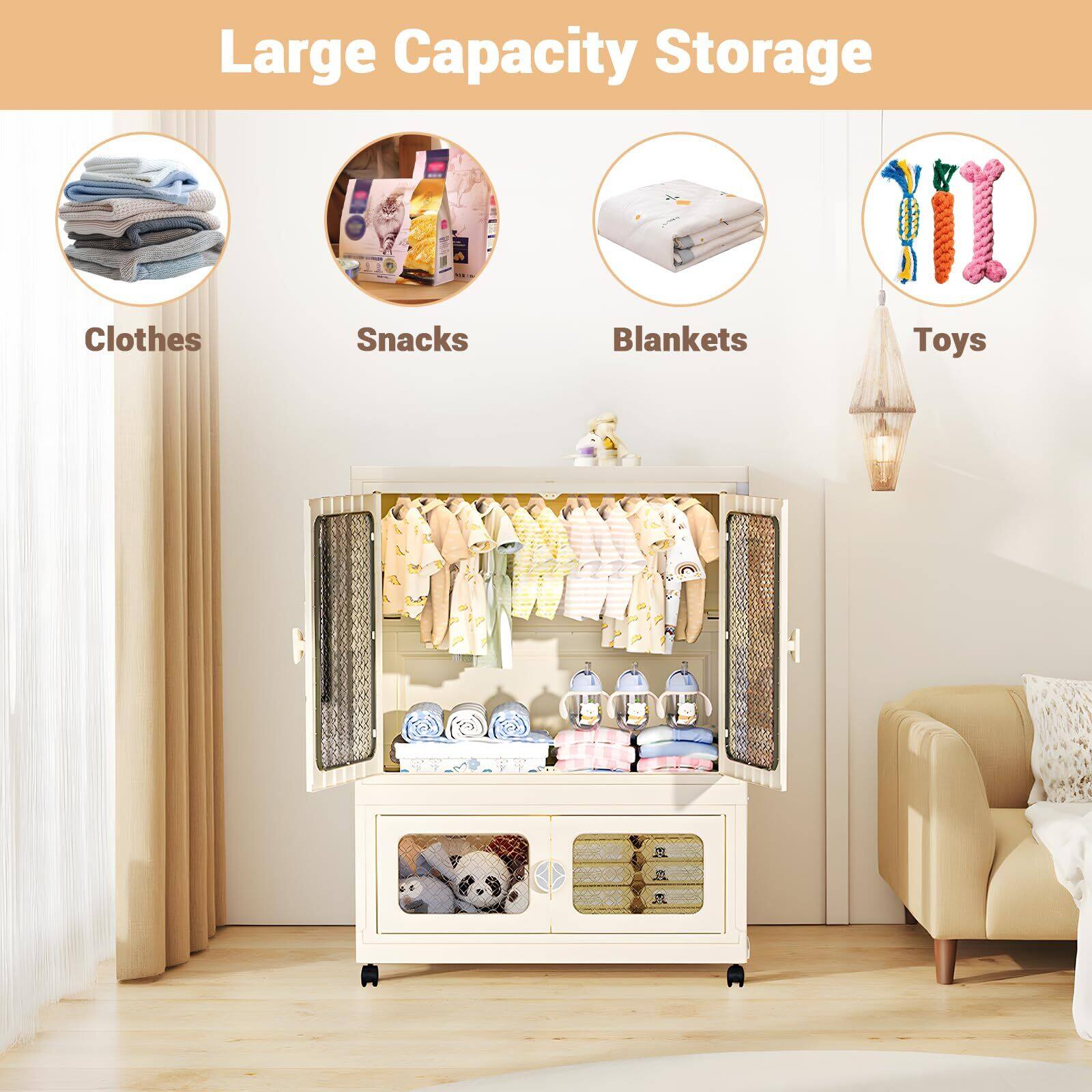 Large Capacity Storage

- Clothes
- Snacks
- Blankets
- Toys