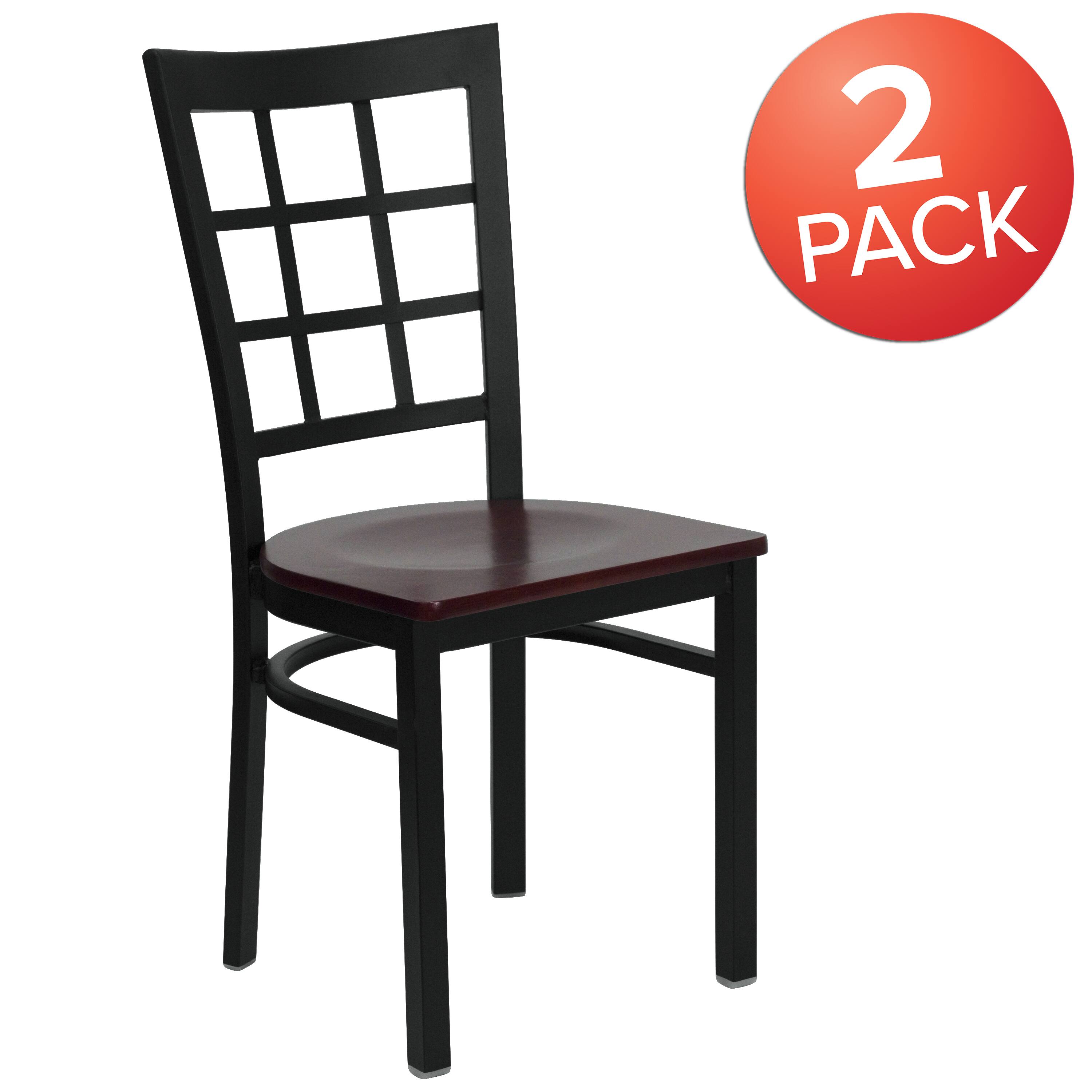 Alt View 1. Emma + Oliver - 2 Pack Window Back Metal Restaurant Chair - Mahogany Wood Seat/Black Metal Frame.