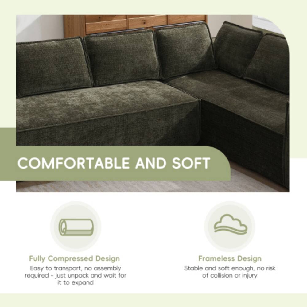 COMFORTABLE AND SOFT

Fully Compressed Design  
Easy to transport, no assembly required - just unpack and wait for it to expand

Frameless Design  
Stable and soft enough, no risk of collision or injury