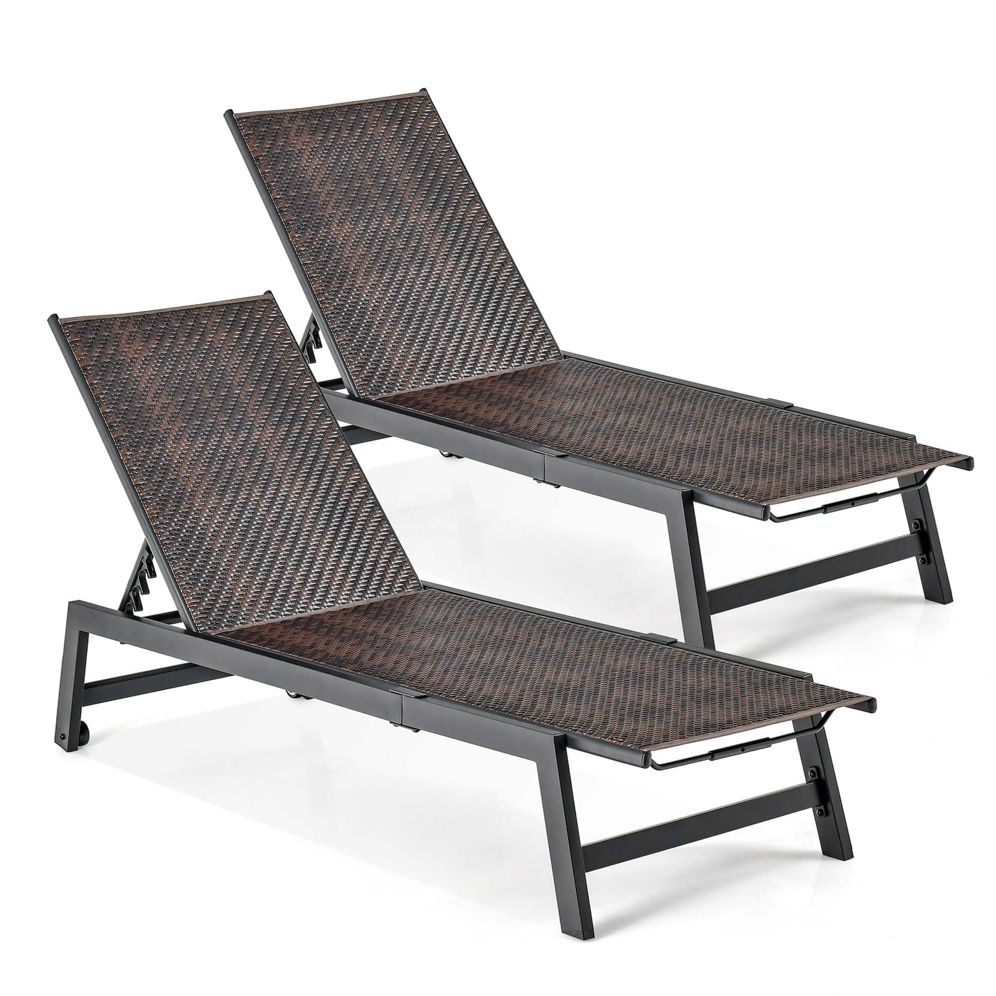 Costway - 2PCS Patio Galvanized Steel Chaise Lounge with Wheels PE Rattan Recliner Chair - Mix Brown,Black