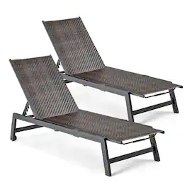 Costway - 2PCS Patio Galvanized Steel Chaise Lounge with Wheels PE Rattan Recliner Chair - Mix Brown,Black