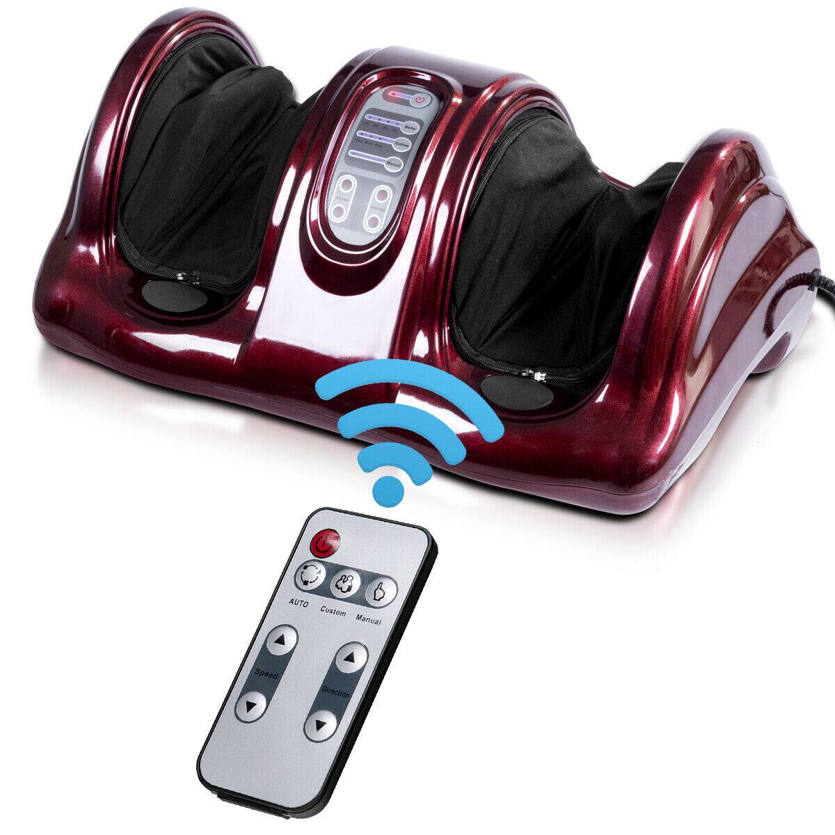 The image features a red massage chair with a remote control attached to it. The remote control has a blue Wi-Fi symbol on it, indicating that it is connected to the internet. The chair is designed to provide a comfortable and relaxing massage experience for users.