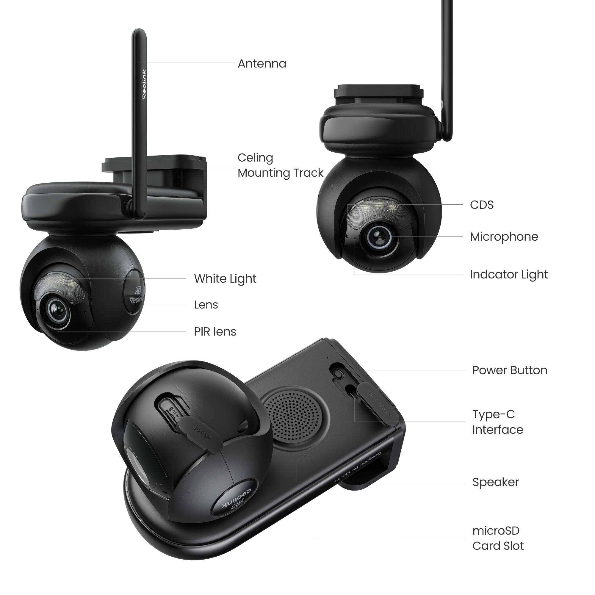 Reolink  
Antenna  
Ceiling Mounting Track  
CDS  
Microphone  
White Light Lens  
Indicator Light  
PIR Lens  
Power Button  
Type-C Interface  
Speaker  
microSD Card Slot