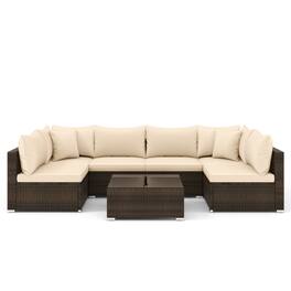 SlickBlue - 7 Piece Patio Rattan Furniture Set with Sectional Sofa and Cushions - Beige