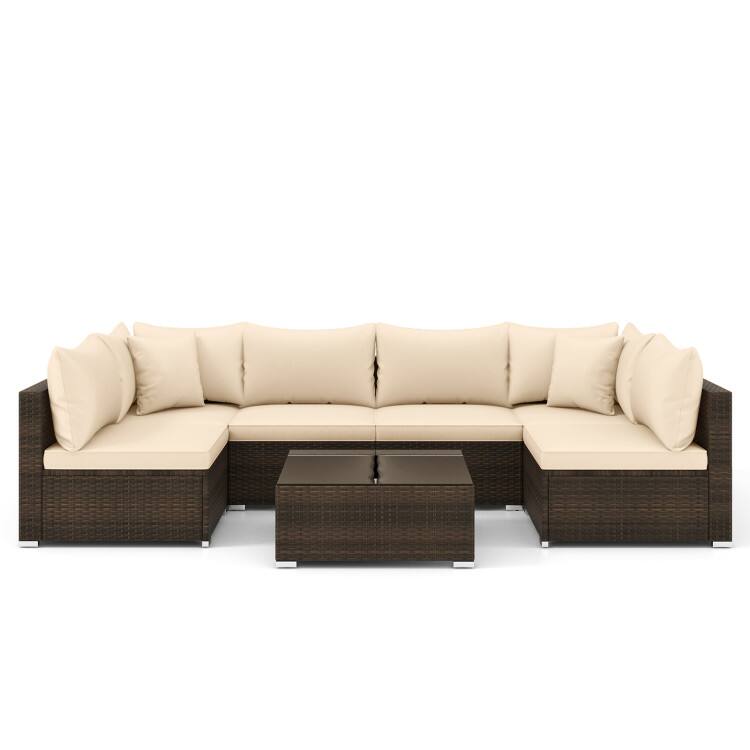 Front. SlickBlue - 7 Piece Patio Rattan Furniture Set with Sectional Sofa and Cushions - Beige.