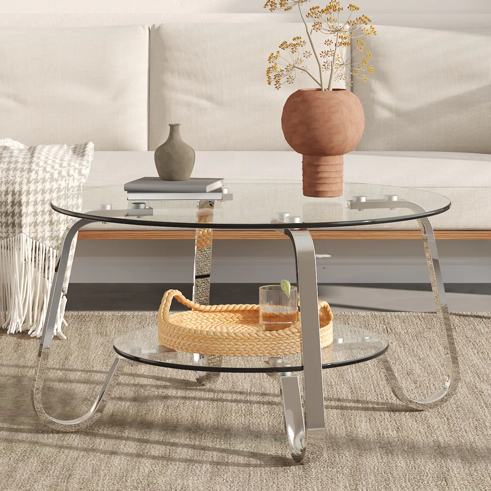 Left. Loheer - Loheer- 2.6x2.6 ft Square Tempered Glass Coffee Table 2-Tier Metal Frame Center Table for Modern Living Room - Silver.