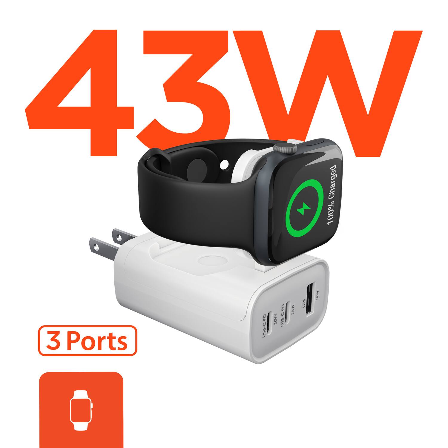 43W Charged 100%  
3 Ports  
USB-C PD  
USB-C QC  
USB-A