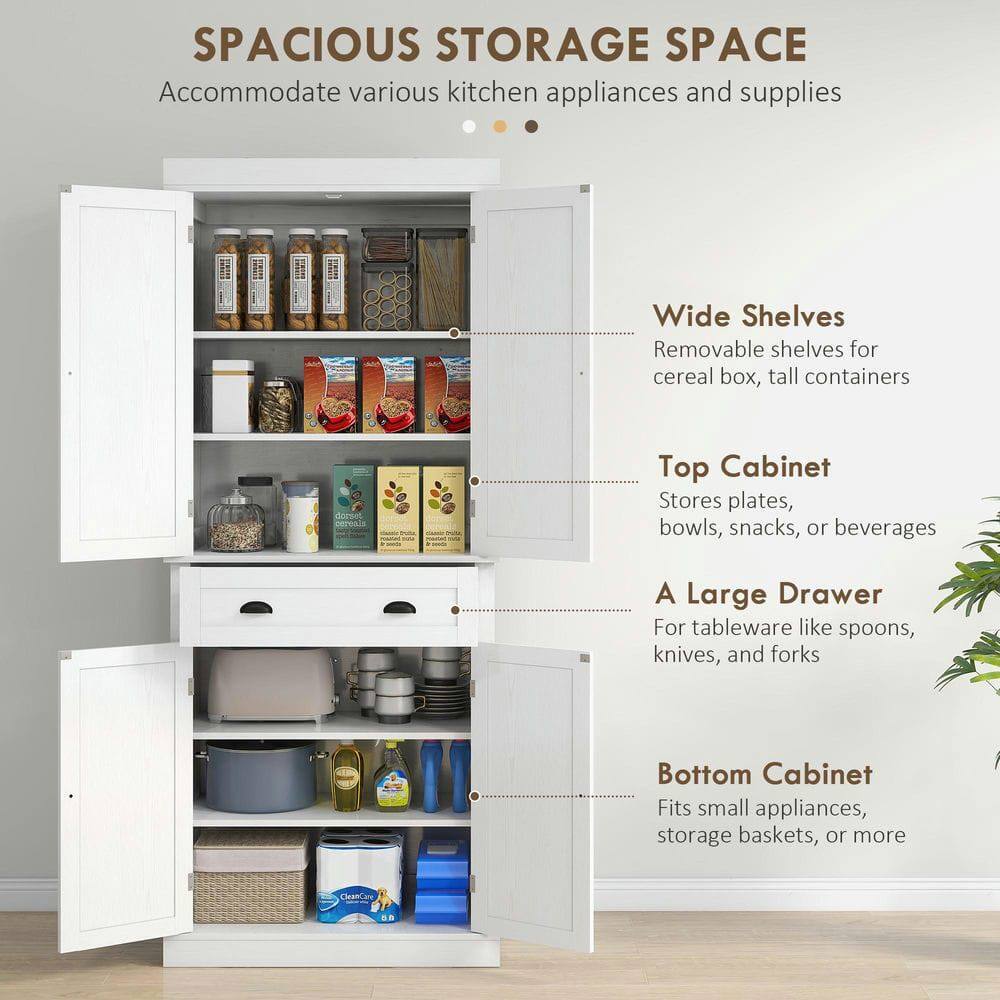 SPACIOUS STORAGE SPACE  
Accommodate various kitchen appliances and supplies

- Wide Shelves  
  Removable shelves for cereal box, tall containers

- Top Cabinet  
  Stores plates, bowls, snacks, or beverages

- A Large Drawer  
  For tableware like spoons, knives, and forks

- Bottom Cabinet  
  Fits small appliances, storage baskets, or more