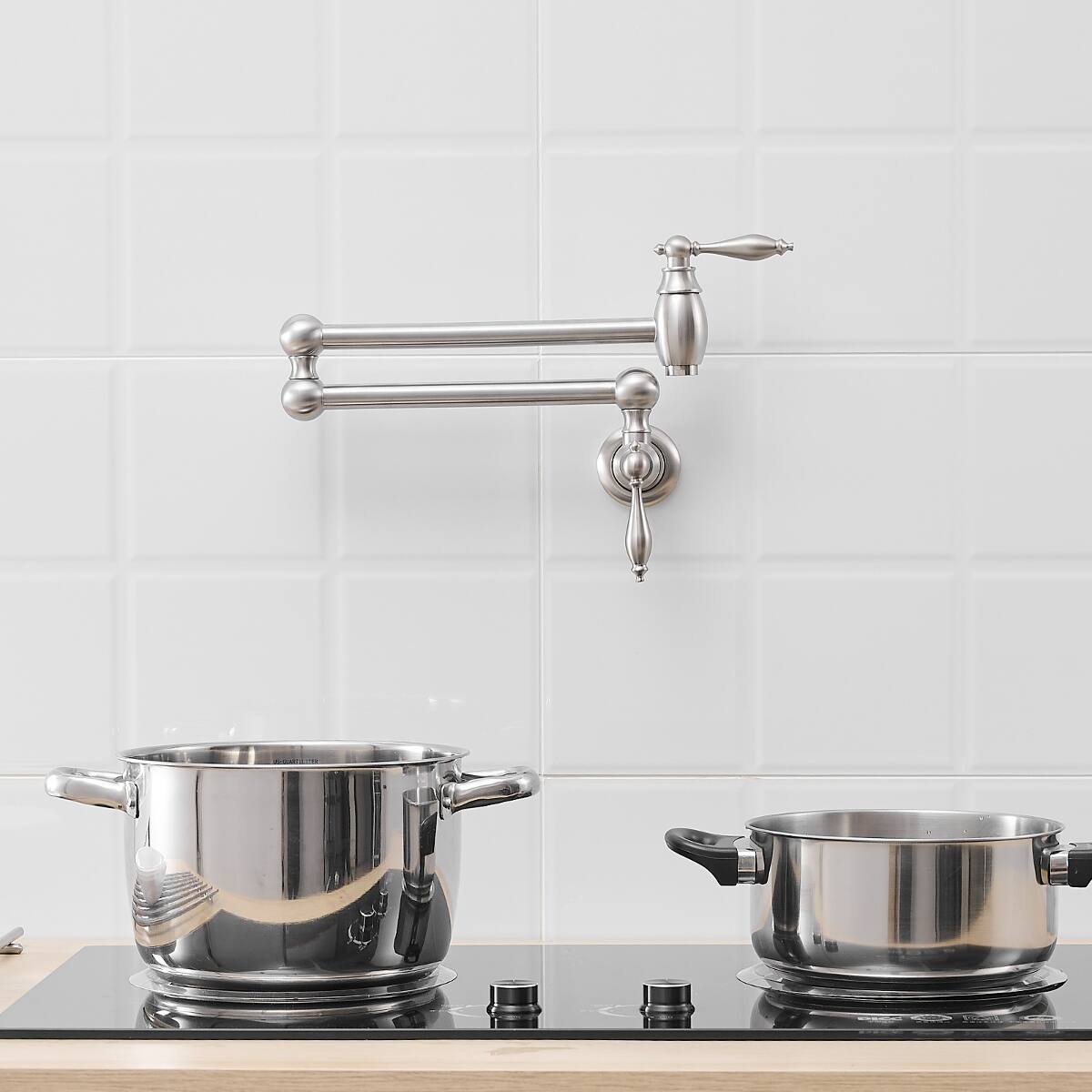 Angle. Ropilly - Ropilly Wall Mount Pot Filler Faucet, Brushed Nickel Brass Kitchen Pot Filler with Folding Double Joint Swing Arms - Brushed Nickel.