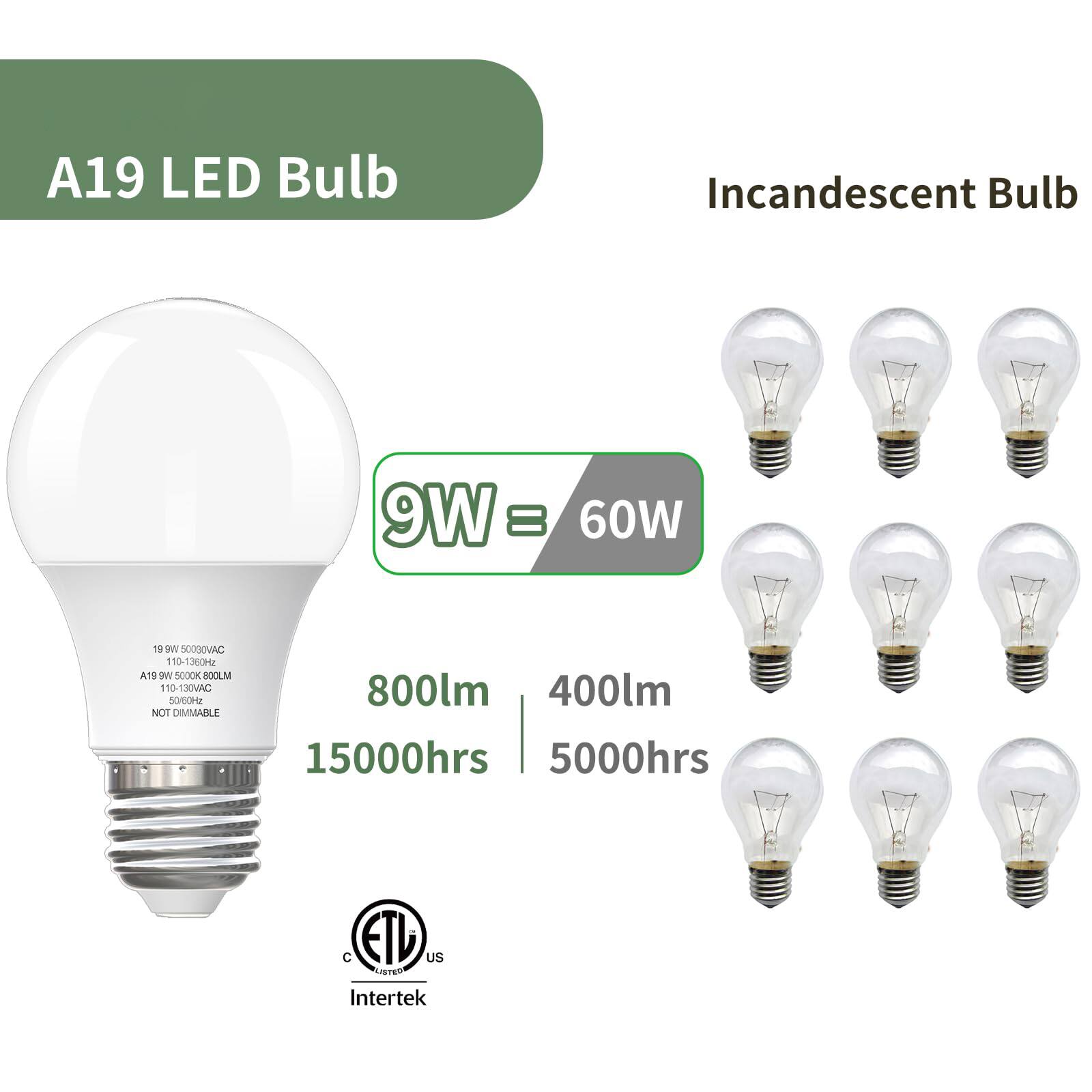 A19 LED Bulb  
9W = 60W  
800lm  
15000hrs  

Incandescent Bulb  
400lm  
5000hrs  

19W 500000000LM  
110-130VAC 110-130VAC  
NOT DIMMABLE  

ETL US  
Intertek