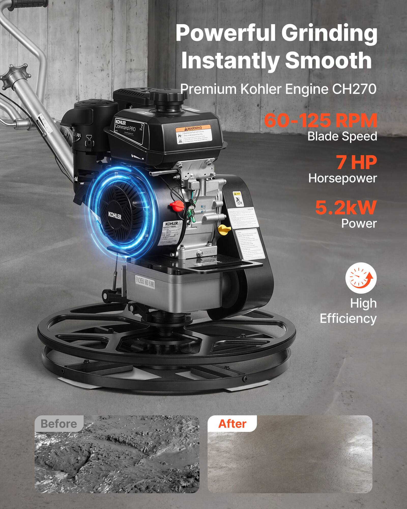 Powerful Grinding Instantly Smooth  
Premium Kohler Engine CH270  
60-125 RPM Blade Speed  
7 HP Horsepower  
5.2kW Power  
High Efficiency  

Before  
After