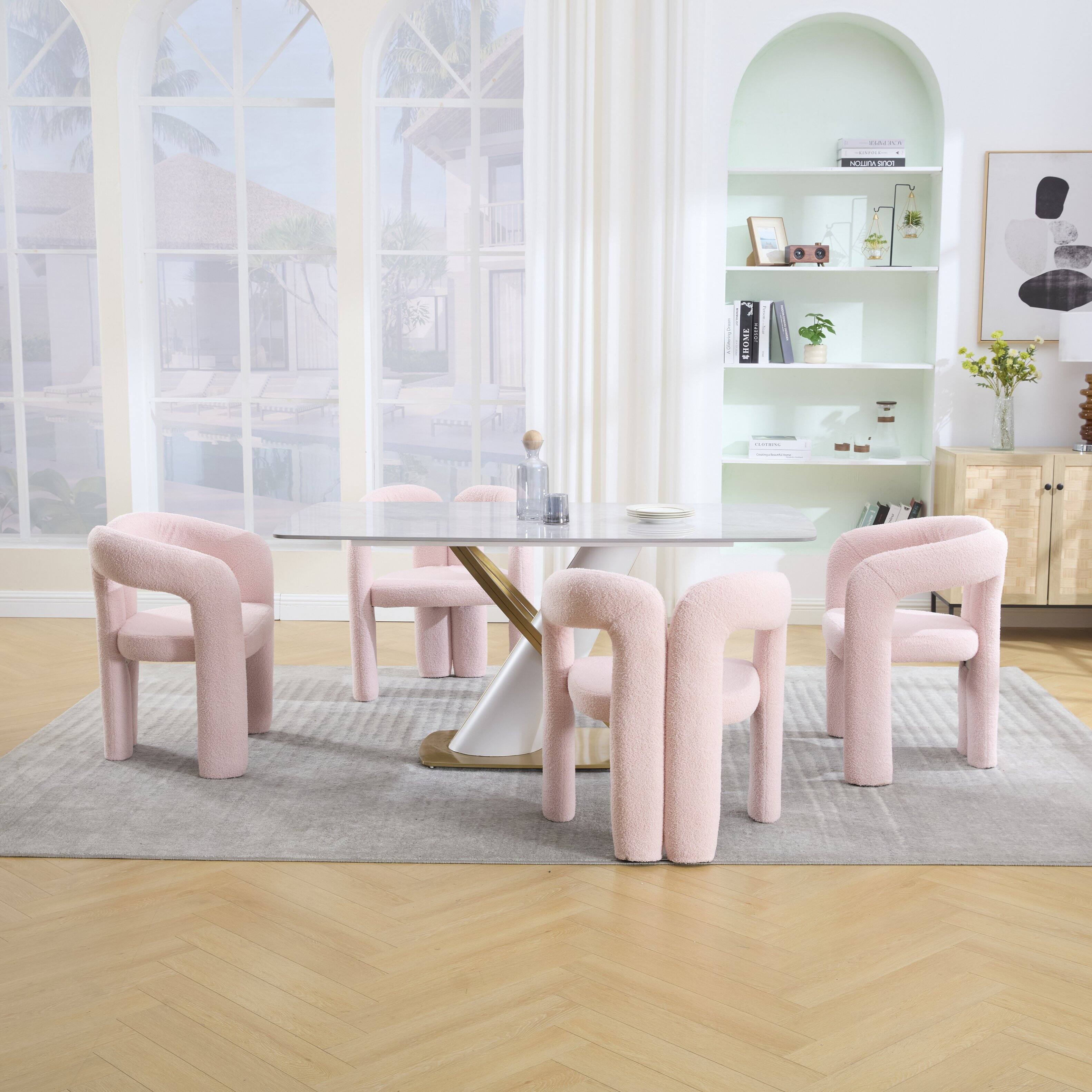 Alt View 7. Trinkets Crazed - Modern Barrel Dining Chairs Set of 2, Teddy Velvet Fabric Upholstered Kitchen  Accent Chairs with Arms/Open Back - Pink.
