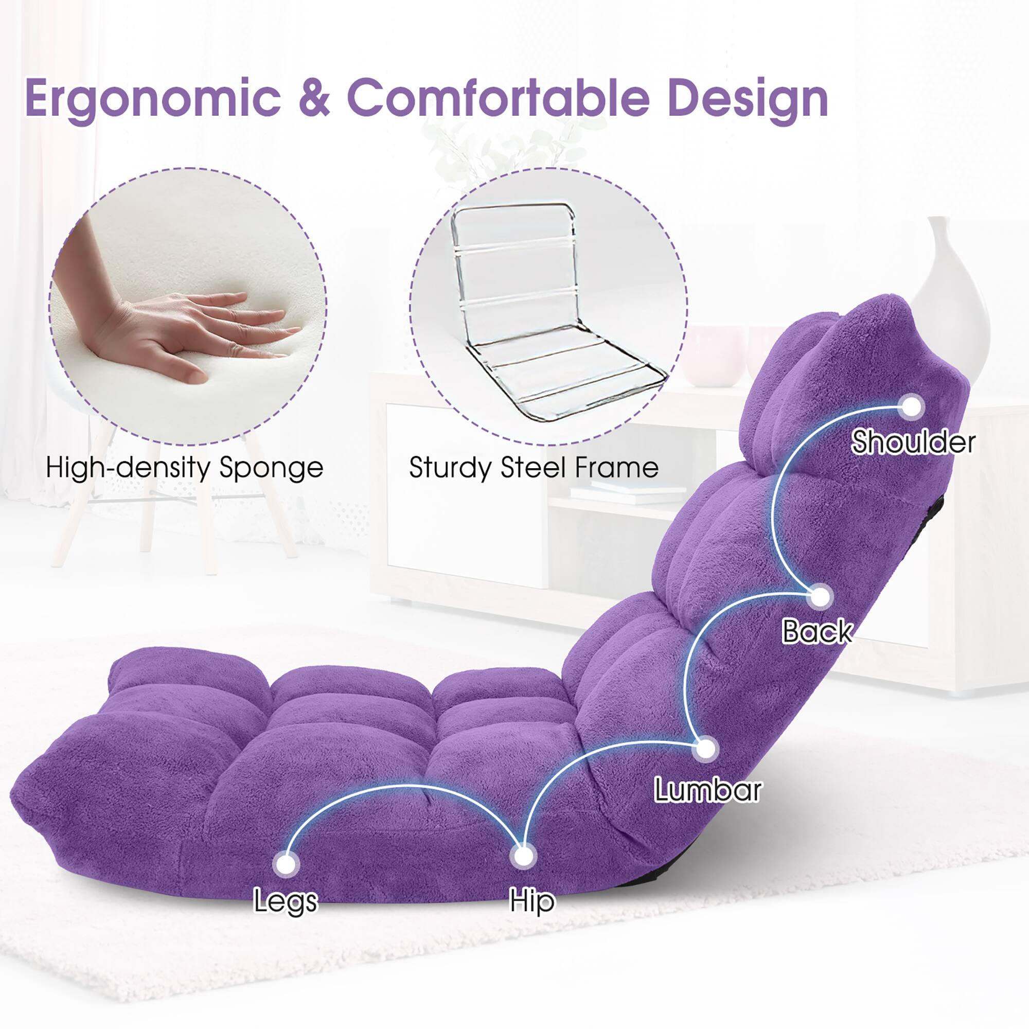 Ergonomic & Comfortable Design

- High-density Sponge
- Sturdy Steel Frame
- Shoulder
- Back
- Lumbar
- Hip
- Legs