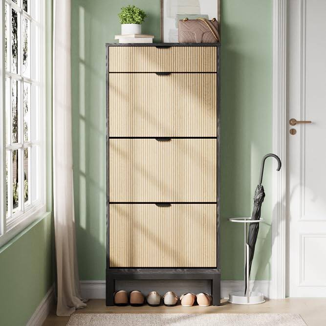 Acekool - Shoe Cabinet Storage for Entryway, Freestanding Shoe Organizer with 3 Flip Fluted Doors and 1 Drawer - Black+Oak
