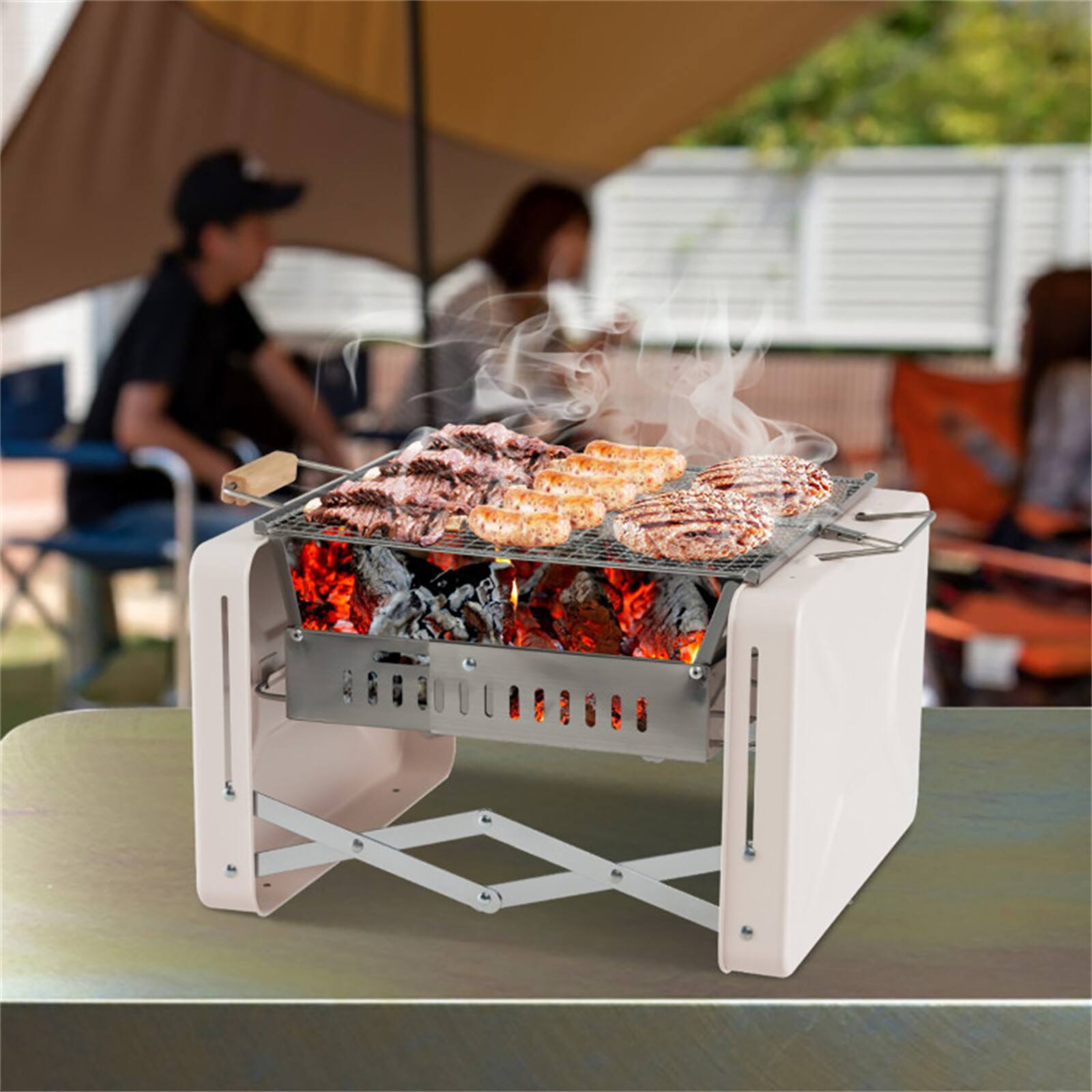 Alt View 7. Chateau Abodes - Portable Folding Charcoal Grill with 2 Stainless Steel Nets, Charcoal Box & Insulated Wood Handle - Beige.