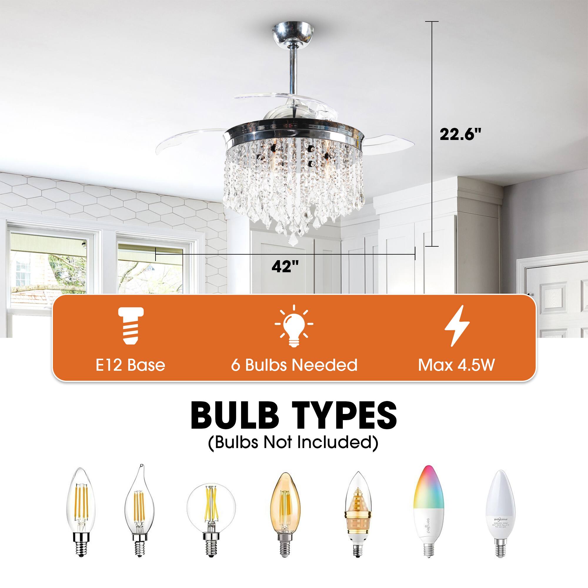 22.6" 42" E12 Base 6 Bulbs Needed Max 4.5W BULB TYPES (Bulbs Not Included)