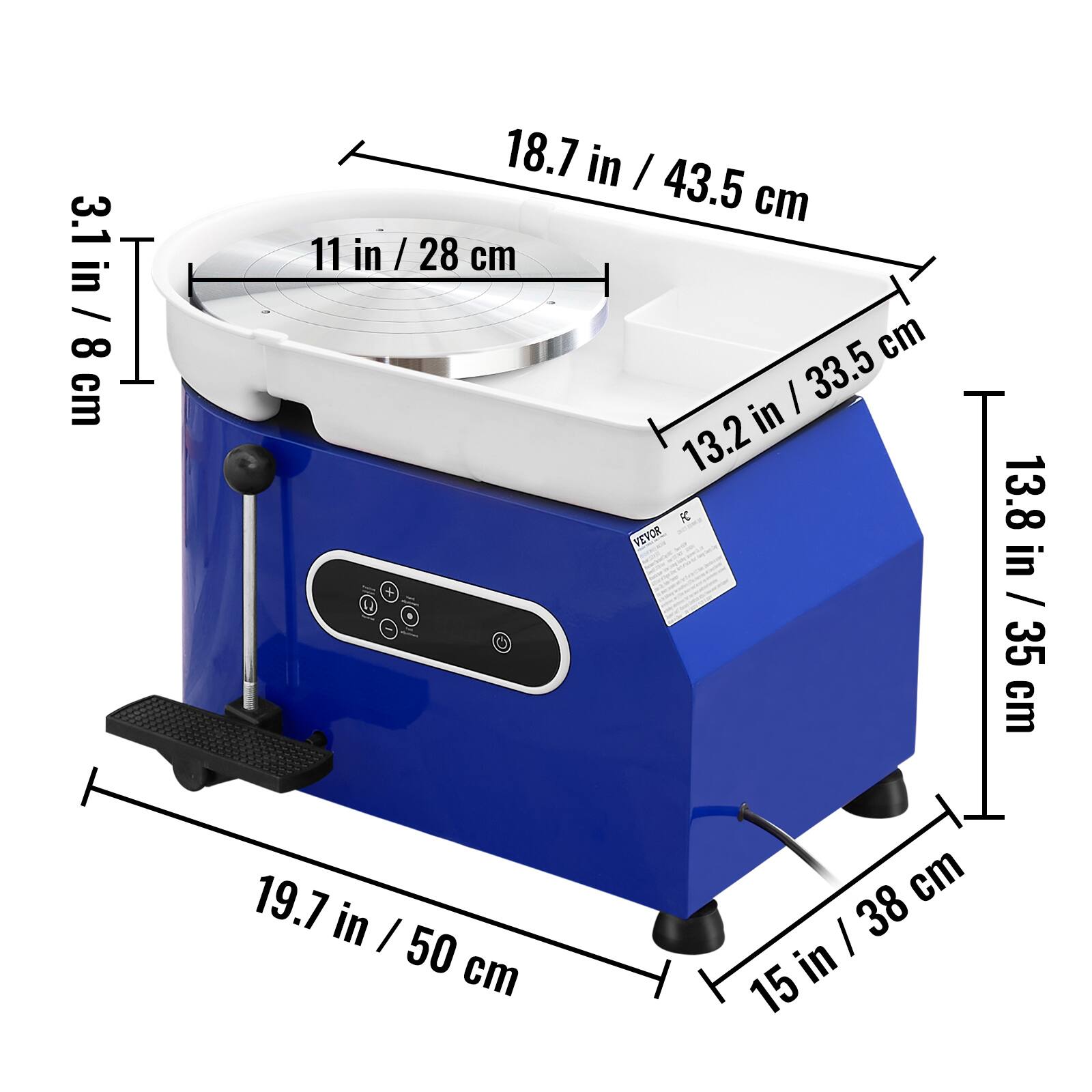 3.1 in / 8 cm, 18.7 in / 43.5 cm, 11 in / 28 cm, 13.2 in / 33.5 cm, 13.8 in / 35 cm, 19.7 in / 50 cm, 15 in / 38 cm