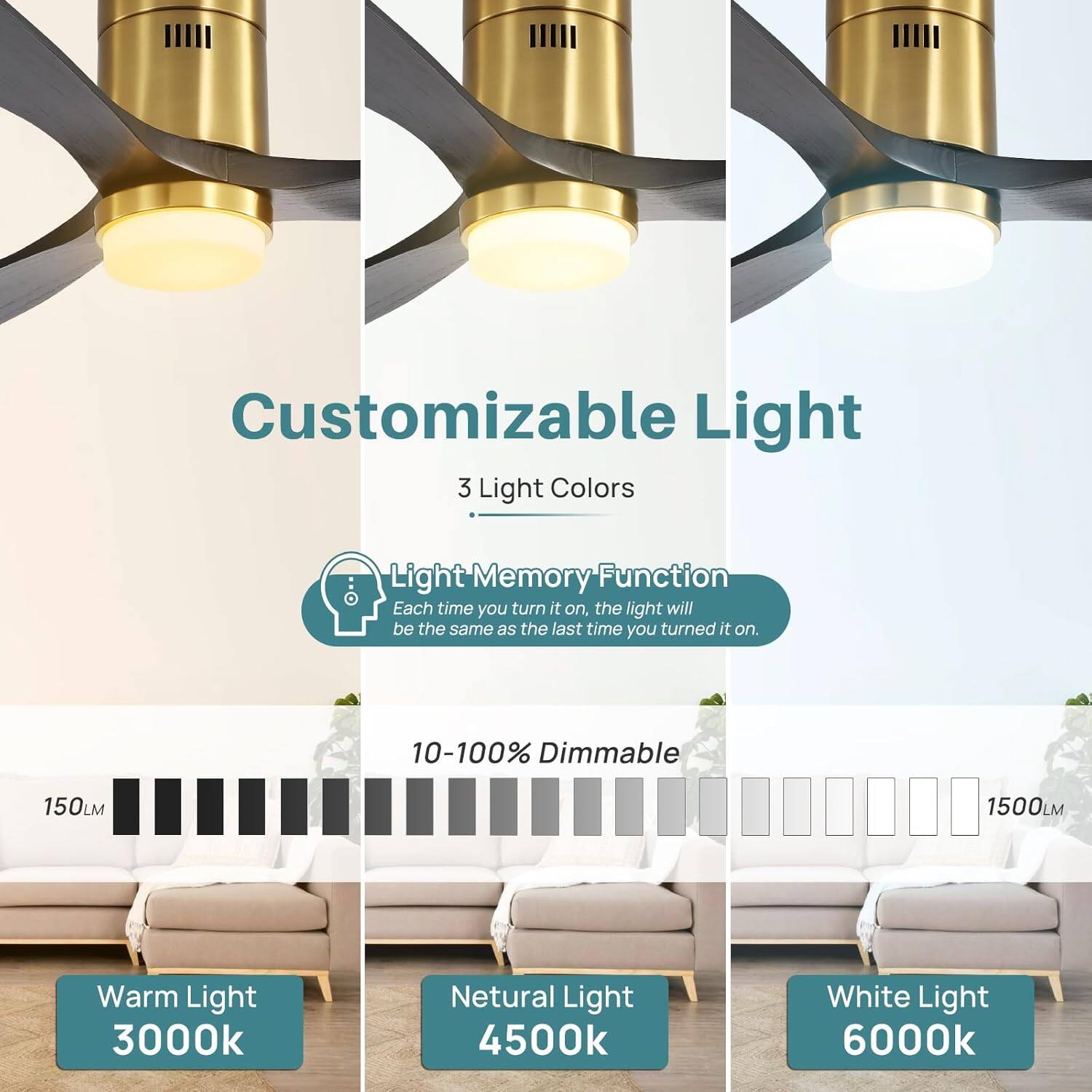 Customizable Light

3 Light Colors

Light Memory Function  
Each time you turn it on, the light will be the same as the last time you turned it on.

10-100% Dimmable

Warm Light 3000k  
Neutral Light 4500k  
White Light 6000k
