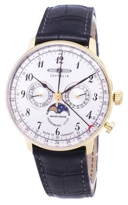 Zeppelin - LZ 129 Hindenburg 5 Jewels Quartz 70381 Mens Watch Moon Phase Day/Date - Gold and Black