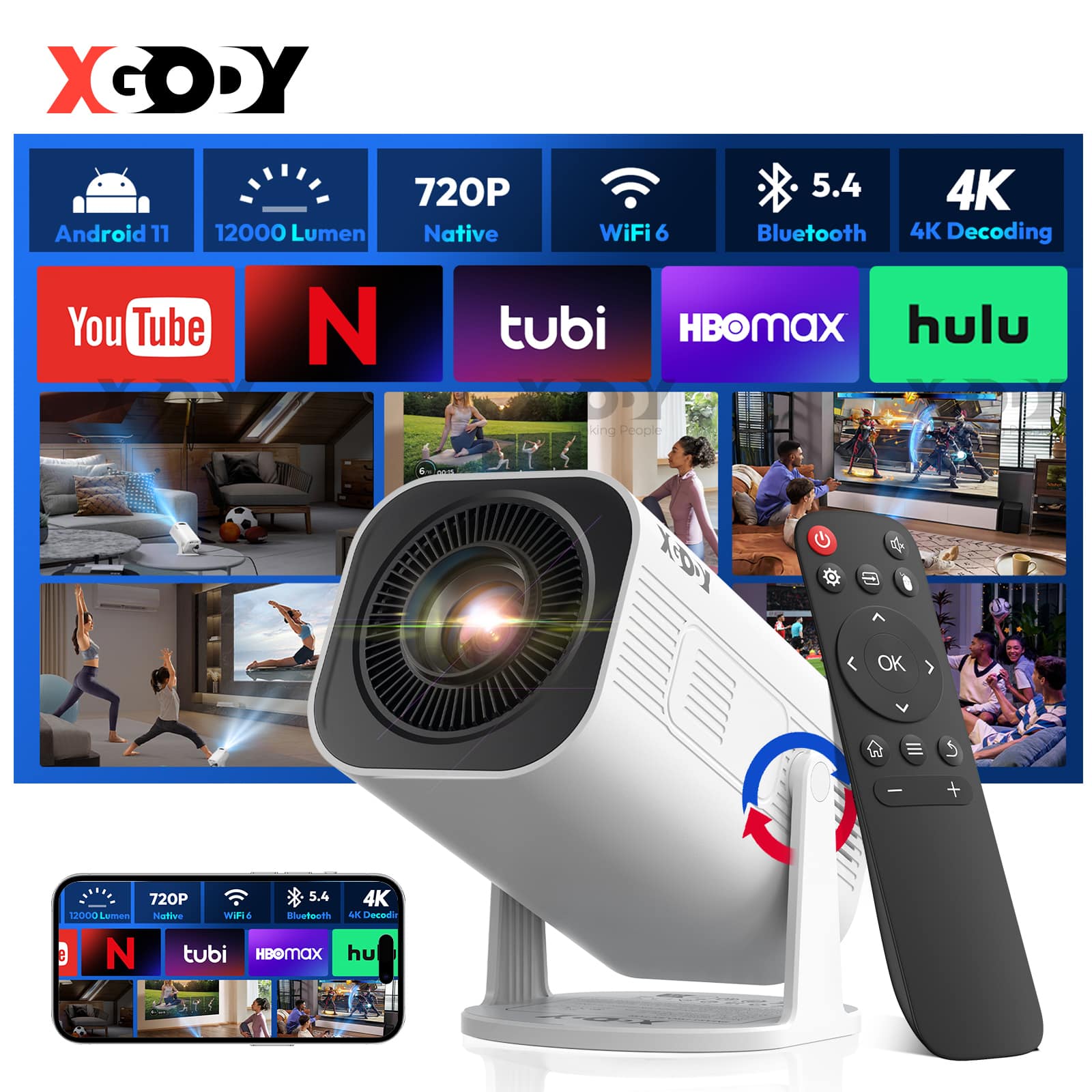 XGODY 720P 5.4 4K Android 11 12000 Lumen Native WiFi 6 Bluetooth 4K Decoding YouTube N tubi HBO Max Hulu King People XD 1 OK

720P 5.4 4K 12000 Lumen Native WiFi 6 Bluetooth 4K Decoding YouTube N tubi HBO Max Hulu