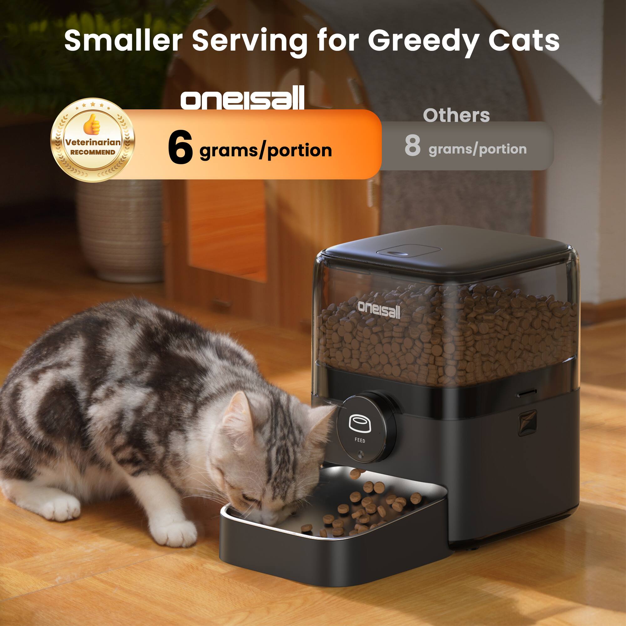 Smaller Serving for Greedy Cats

oneisall
6 grams/portion

Others
8 grams/portion

Veterinarian RECOMMEND