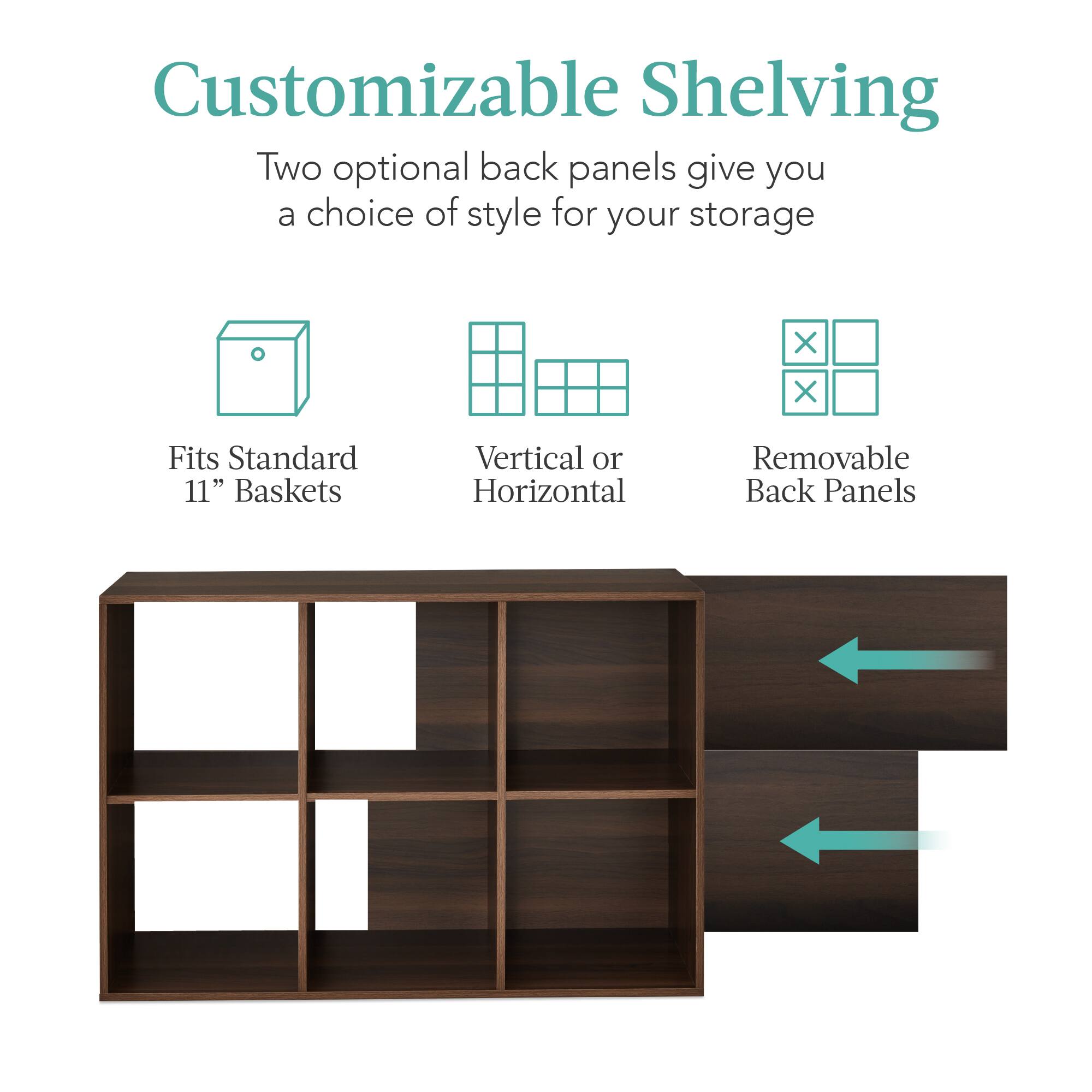 Customizable Shelving

Two optional back panels give you a choice of style for your storage.

- Fits Standard 11" Baskets
- Vertical or Horizontal
- Removable Back Panels
