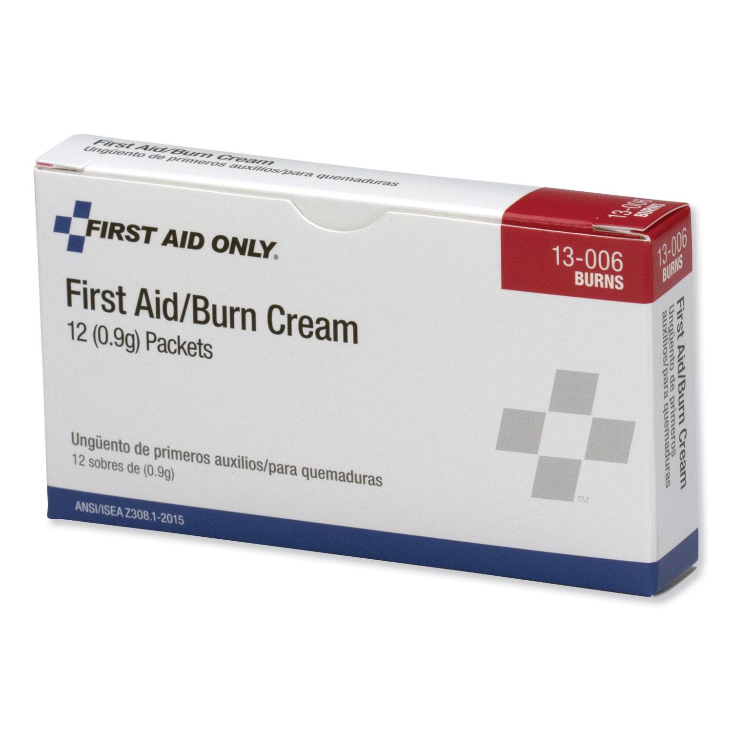 First Aid Only  
First Aid/Burn Cream  
12 (0.9g) Packets  
Ungüento de primeros auxilios/para quemaduras  
12 sobres de (0.9g)  

ANSI/ISEA Z308.1-2015  

13-006 BURNS