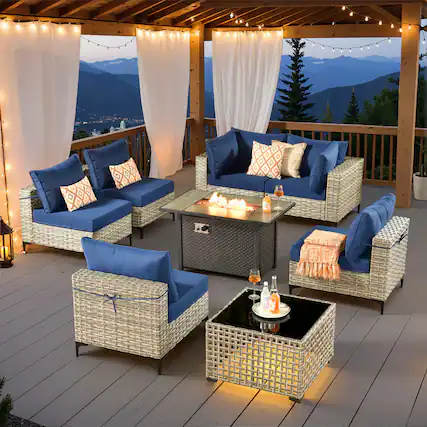 Front. Ovios - 8 PCS Patio Furniture Sofa Set Sectional Couch with Coffee Table & 42" Fire Pit Table for Yard - Navy Blue.