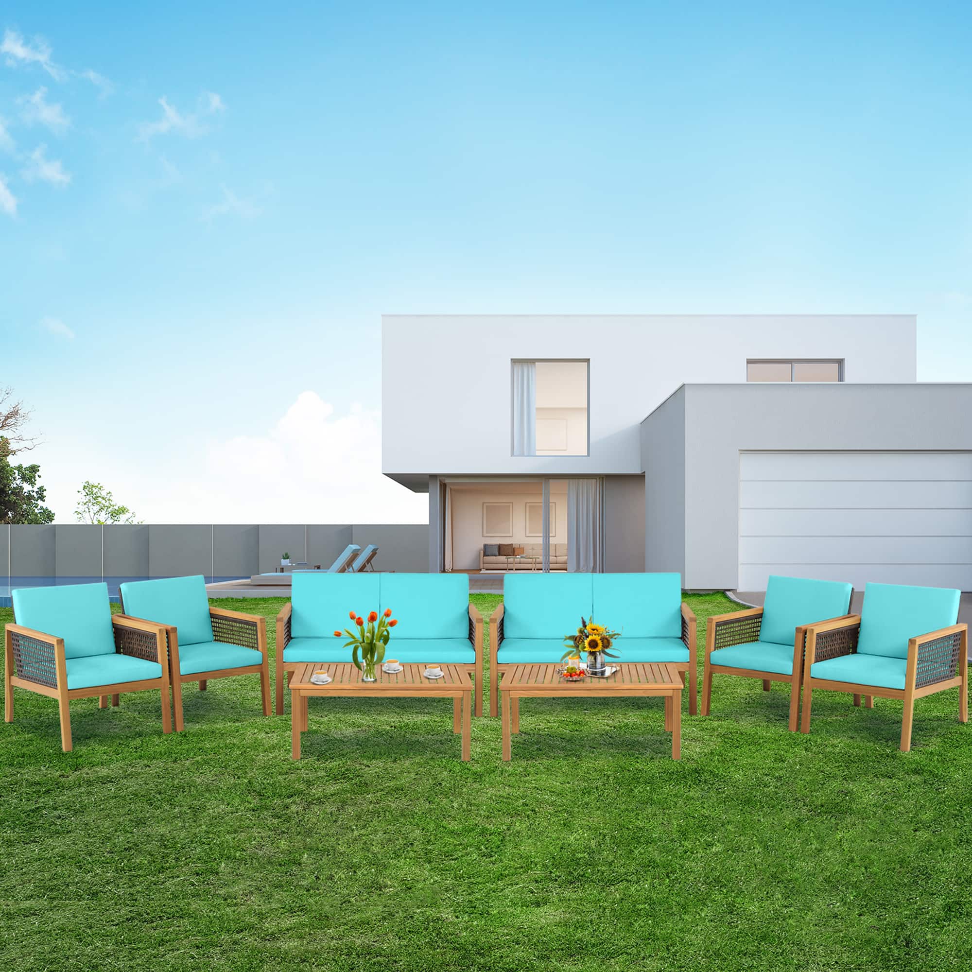 Gymax - 8PCS Patio Acacia Wood Furniture Set PE Rattan Conversation Set w/ Cushions - Turquoise price history on PriceWatchPro