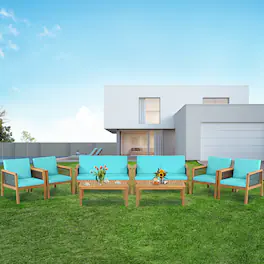 Gymax - 8PCS Patio Acacia Wood Furniture Set PE Rattan Conversation Set w/ Cushions - Turquoise