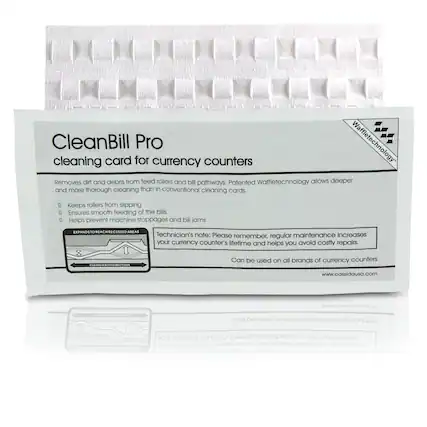 CleanBill Pro
cleaning card for currency counters
Removes dirt and debris from feed rollers and bill pathways. Patented Waffletechnology allows deeper and more thorough cleaning than in conventional cleaning cards.
- Keeps rollers from slipping
- Ensures smooth feeding of the bills
- Helps prevent machine stoppages and bill jams
EXPANDS TO REACH RECESSED AREAS
Technician's note: Please remember, regular maintenance increases your currency counter's lifetime and helps you avoid costly repairs.
Can be used on all brands of currency counters
www.cassidausa.com
Please remember, regular maintenance increases your currency counter's lifetime and helps you avoid costly repairs.
Can be used on all brands of currency counters
www.cassidausa.com