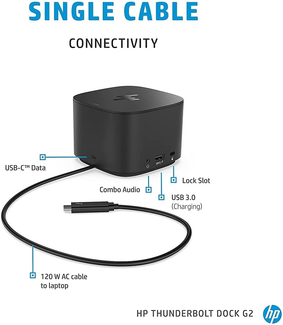 SINGLE CABLE CONNECTIVITY

- USB-C™ Data
- Combo Audio
- Lock Slot
- USB 3.0 (Charging)
- 120 W AC cable to laptop

HP THUNDERBOLT DOCK G2