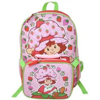 Front. American Greetings - Pink Strawberry Shortcake 16" Shoulder Backpack for School with Rectangular Lunch Bag, For Girls - Assorted Pre-Pack.
