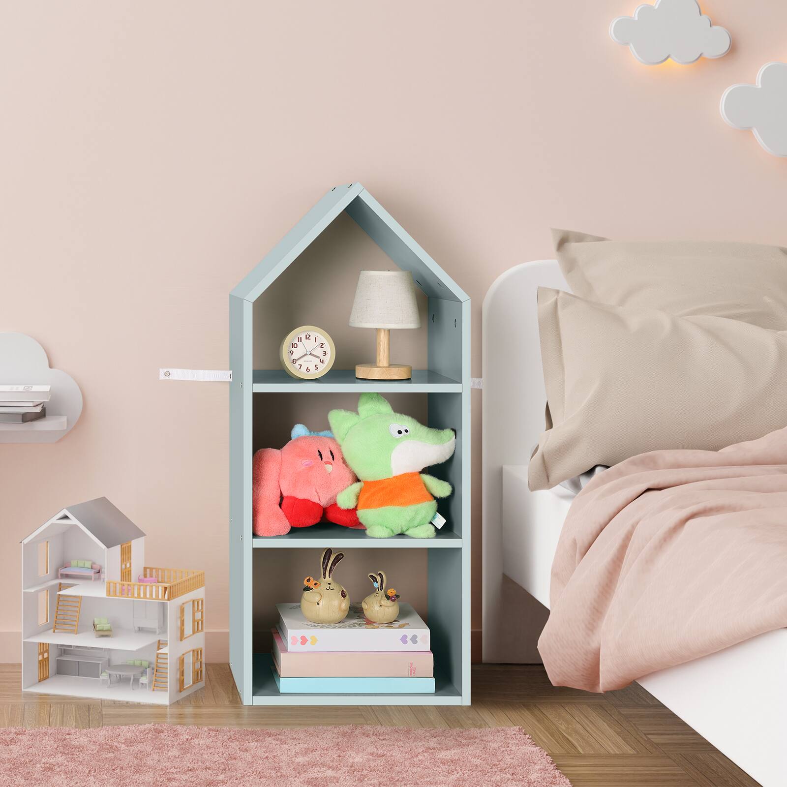 Alt View 1. Oumilen - House-Shaped 3-Tier Blue Bookshelf - Blue.