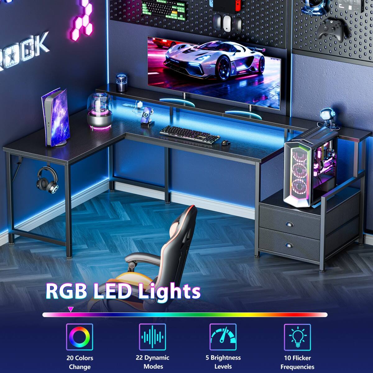 RGB LED Lights
- 20 Colors Change
- 22 Dynamic Modes
- 5 Brightness Levels
- 10 Flicker Frequencies