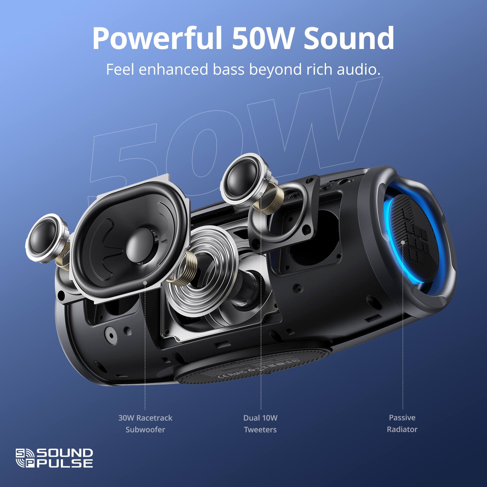 Powerful 50W Sound Feel enhanced bass beyond rich audio. FOW 50W Racetrack Subwoofer Dual 10W Tweeters Passive Radiator S SOUND PULSE